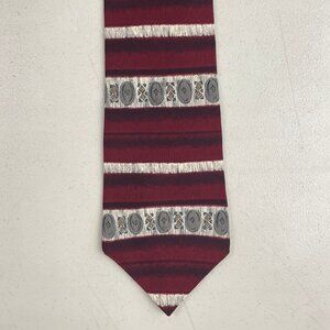 Vintage Striped Geometric Print Tie 90s Italian Silk Necktie Burgundy Red Tribal